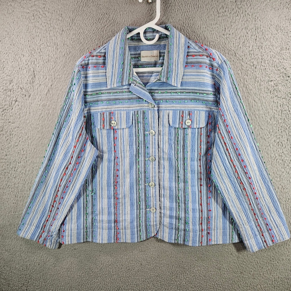 Drapers & Damons Petites Blue Striped Embroidered Button Front Jacket Womens L